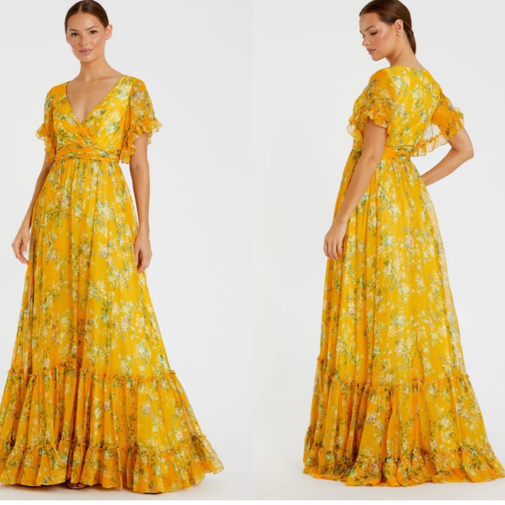 Mac Duggal Yellow Multicolor Flounce Sleeve Floral Maxi Dress NWT